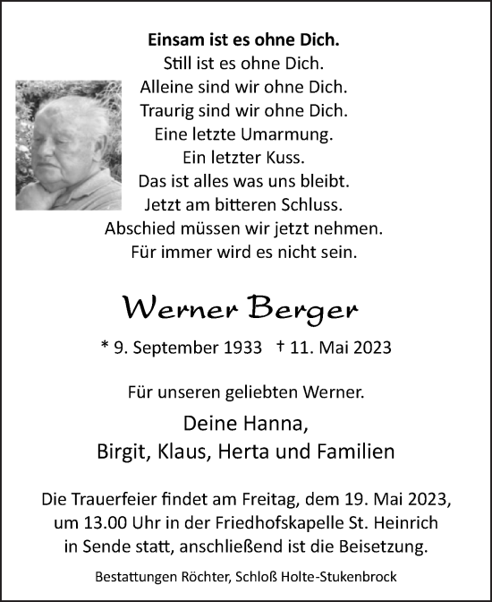 Traueranzeige von Werner Berger von Westfalen-Blatt