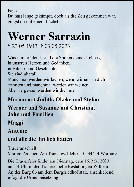 Traueranzeige von Werner Sarrazin von Westfalen-Blatt