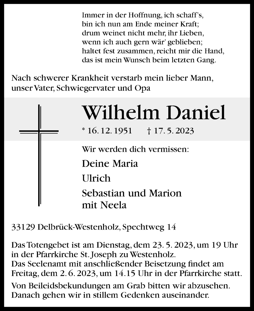 Traueranzeige für Wilhelm Daniel vom 20.05.2023 aus Westfalen-Blatt