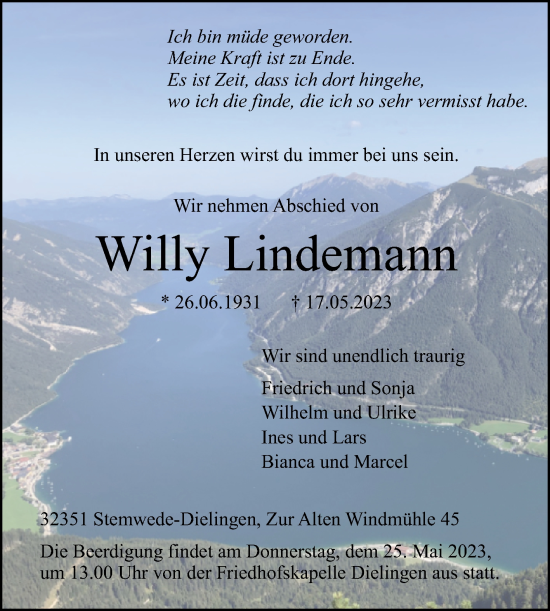 Traueranzeige von Willy Lindemann von Westfalen-Blatt