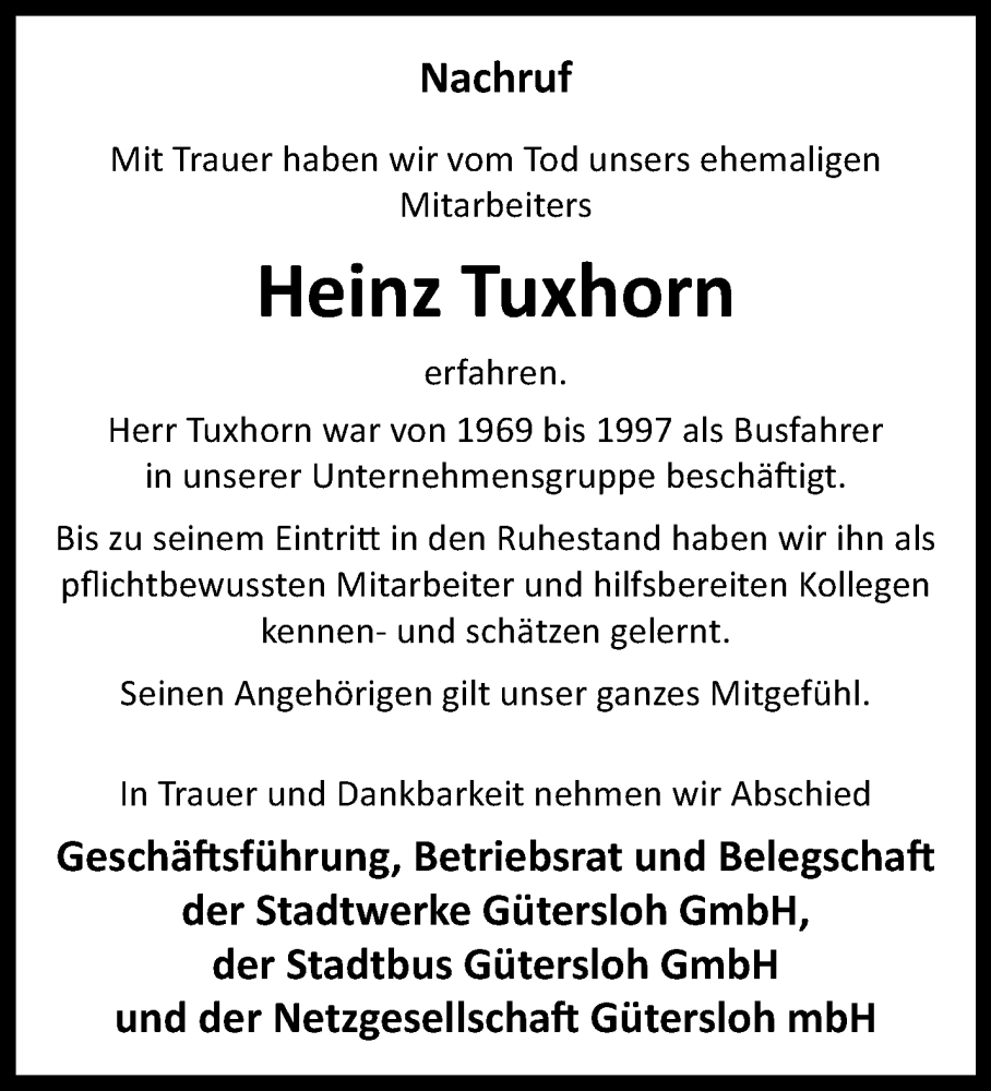  Traueranzeige für Heinz Tuxhorn vom 10.06.2023 aus 