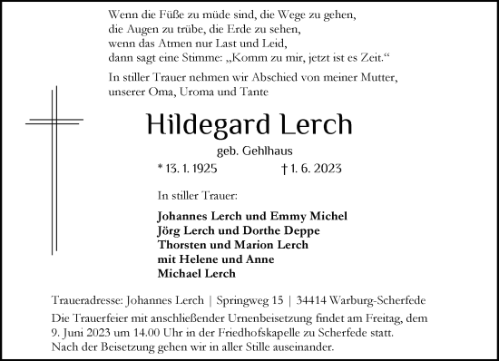 Traueranzeige von Hildegard Lerch 