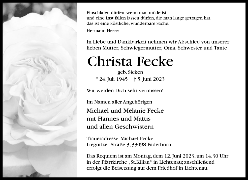  Traueranzeige für Christa Fecke vom 07.06.2023 aus Westfalen-Blatt