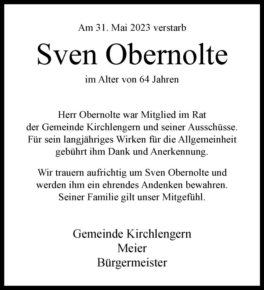 Traueranzeige für Sven Obernolte vom 14.06.2023 aus Gemeinde Kirchlengern
