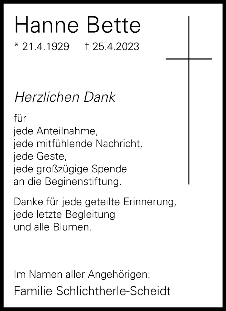  Traueranzeige für Hanne Bette vom 10.06.2023 aus 