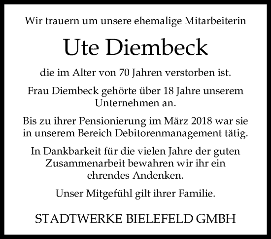 Traueranzeige von Ute Diembeck 