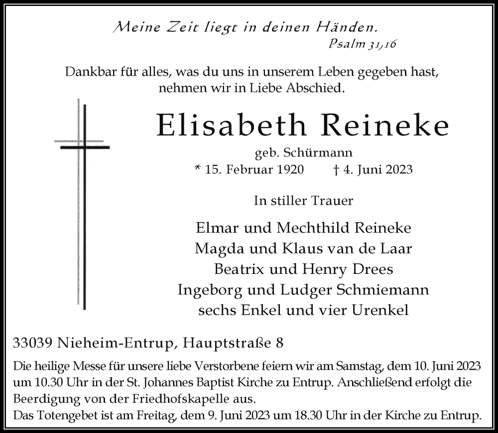  Traueranzeige für Elisabeth Reineke vom 07.06.2023 aus Westfalen-Blatt