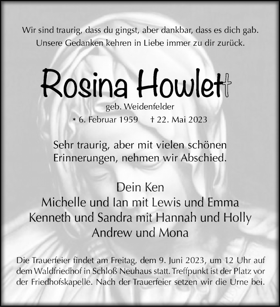  Traueranzeige für Rosina Howlett vom 03.06.2023 aus 