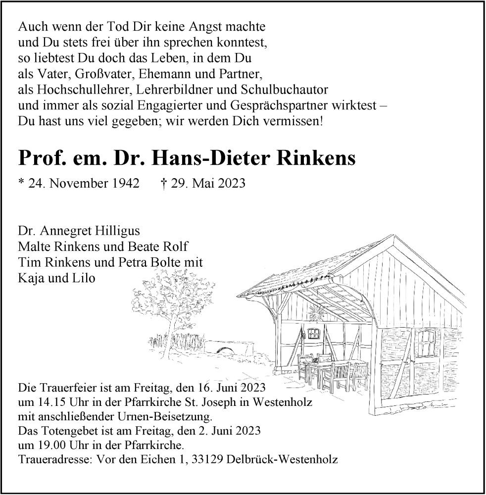 Traueranzeige für Hans-Dieter Rinkens vom 01.06.2023 aus 