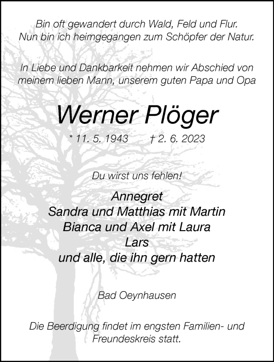 Traueranzeige von Werner Plöger von Westfalen-Blatt