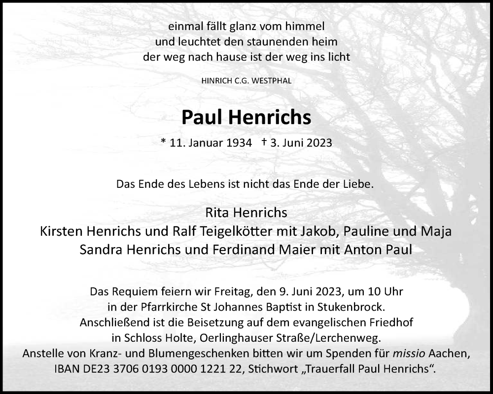 Traueranzeige für Paul Henrichs vom 07.06.2023 aus Westfalen-Blatt