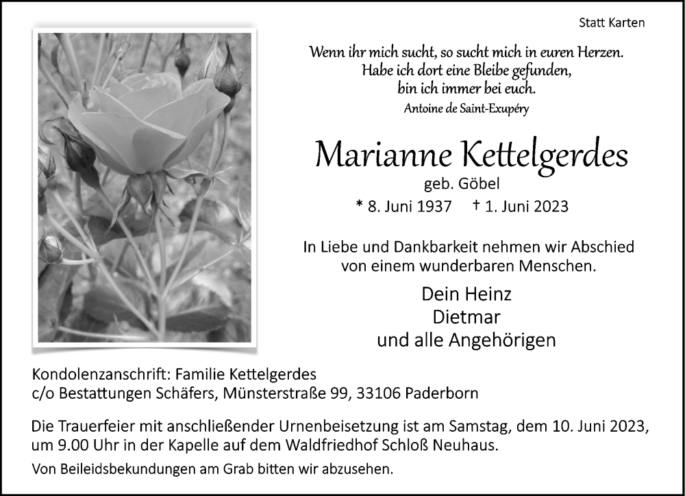  Traueranzeige für Marianne Kettelgerdes vom 07.06.2023 aus Westfalen-Blatt