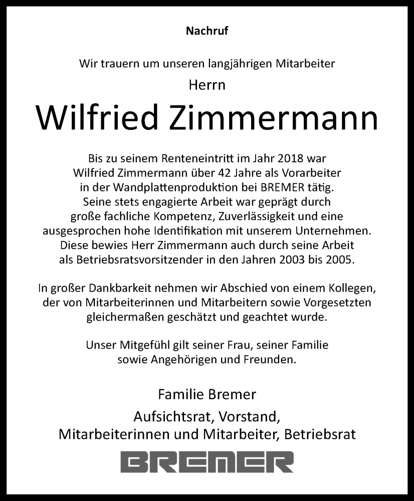  Traueranzeige für Wilfried Zimmermann vom 03.06.2023 aus 