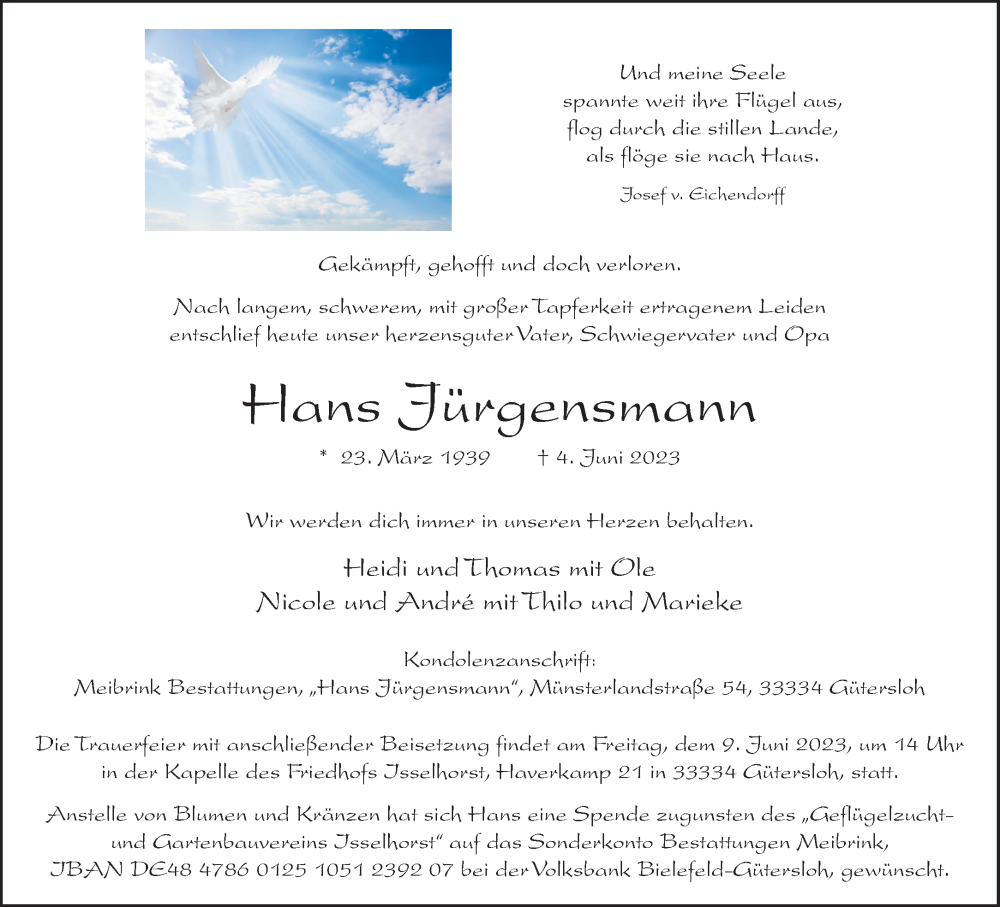  Traueranzeige für Hans Jürgensmann vom 06.06.2023 aus 