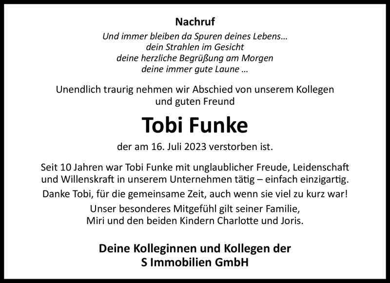  Traueranzeige für Tobi Funke vom 29.07.2023 aus Westfalen Blatt