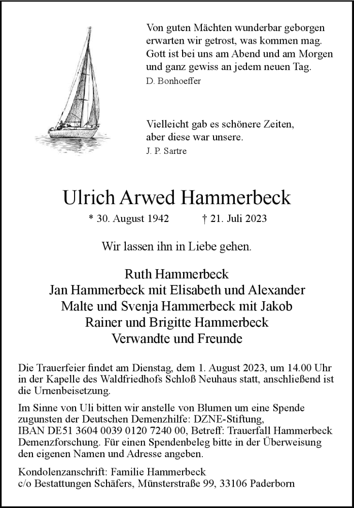 Traueranzeige für Ulrich Arwed Hammerbeck vom 29.07.2023 aus Westfalen Blatt