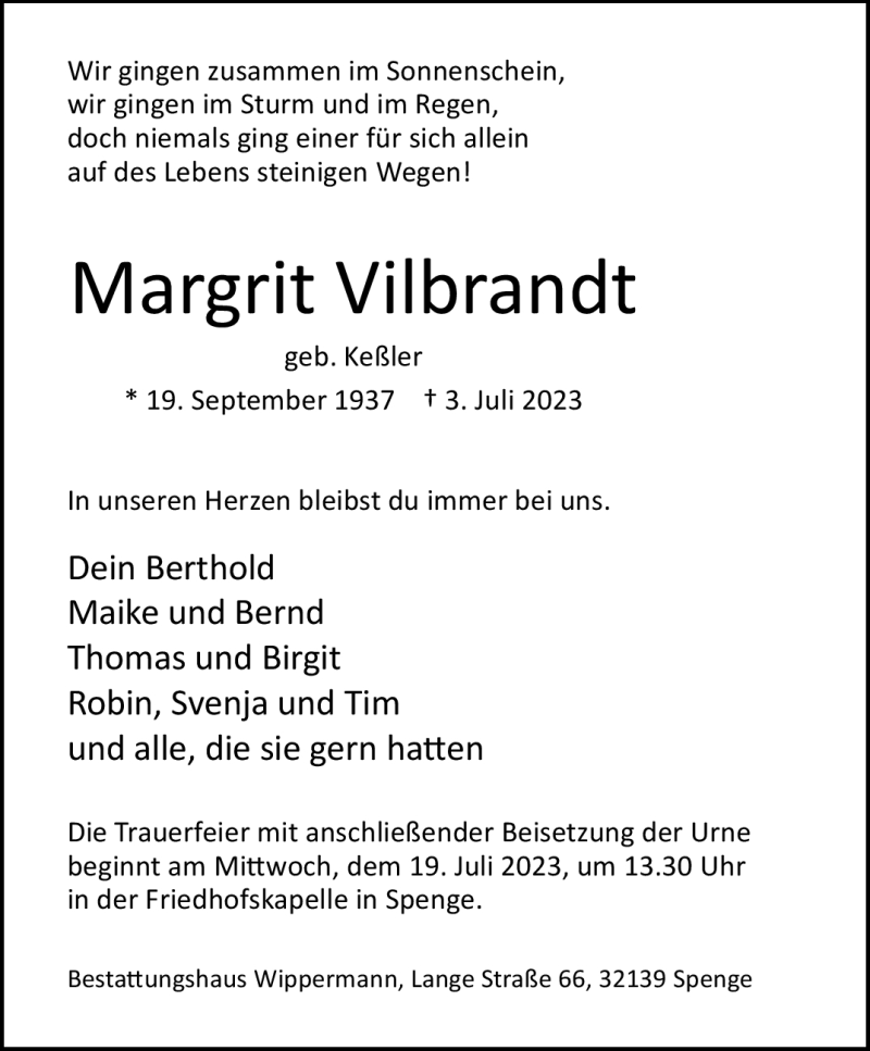  Traueranzeige für Margrit Vilbrandt vom 08.07.2023 aus Westfalen Blatt