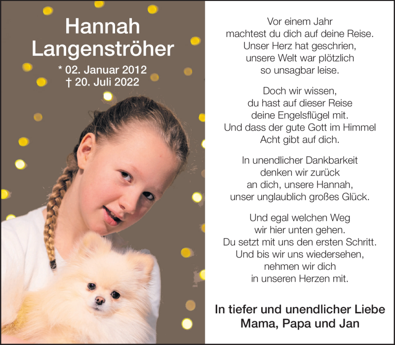  Traueranzeige für Hannah Langenströher vom 22.07.2023 aus Westfalen Blatt
