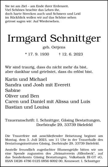 Traueranzeige von Irmgard Schnittger von Westfalen-Blatt