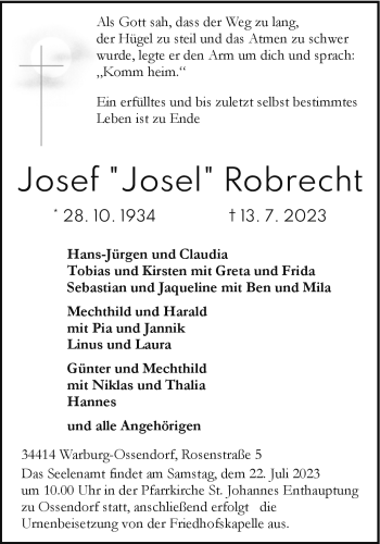 Traueranzeige von Josef Robrecht von Westfalen Blatt