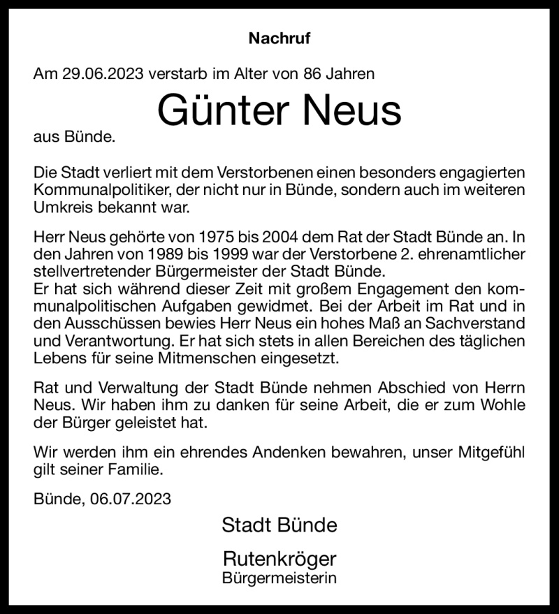  Traueranzeige für Günter Neus vom 11.07.2023 aus Westfalen Blatt