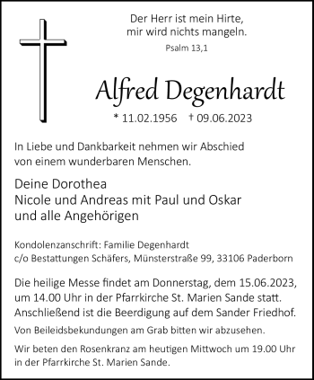 Traueranzeige von Alfred Degenhardt von Bestattungen Schäfers