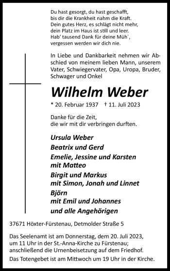 Traueranzeige von Wilhelm Weber von Westfalen Blatt