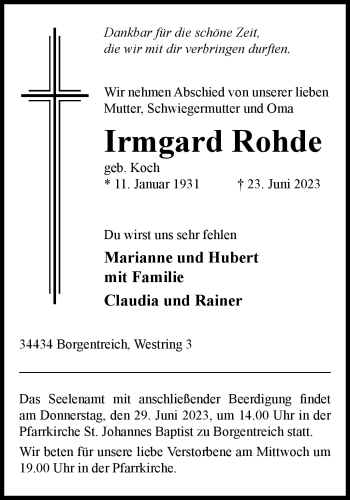 Traueranzeige von Irmgard Rohde von Westfalen-Blatt
