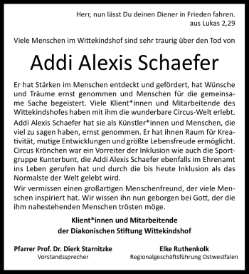 Traueranzeige von Addi Alexis Schaefer von Westfalen Blatt