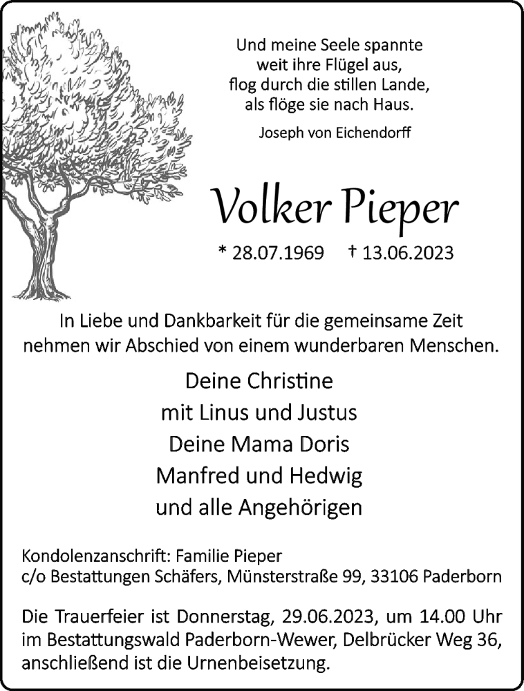  Traueranzeige für Volker Pieper vom 17.06.2023 aus Westfalen-Blatt