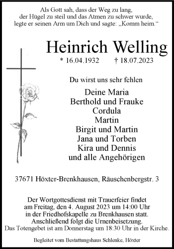 Traueranzeige von Heinrich Welling von Westfalen Blatt