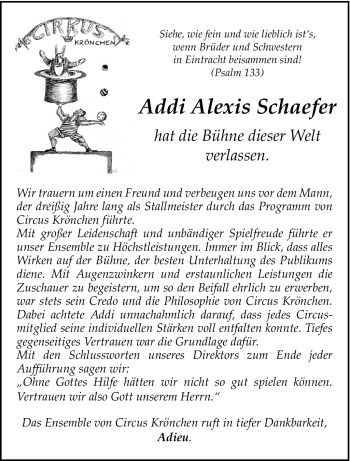 Traueranzeige von Addi Alexis Schaefer von Westfalen Blatt