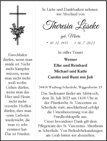 Traueranzeige von Theresia Löseke von Westfalen Blatt