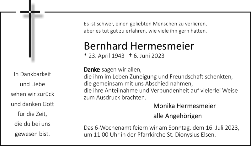  Traueranzeige für Bernhard Hermesmeier vom 15.07.2023 aus Westfalen Blatt