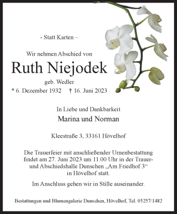 Traueranzeige von Ruth Niejodek von Westfalen-Blatt