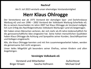 Traueranzeige von Klaus Ohlrogge von Westfalen Blatt