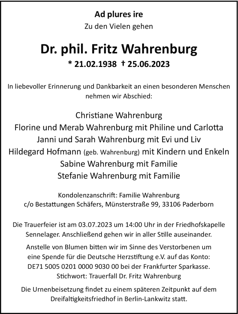  Traueranzeige für Fritz Wahrenburg vom 28.06.2023 aus Westfalen-Blatt