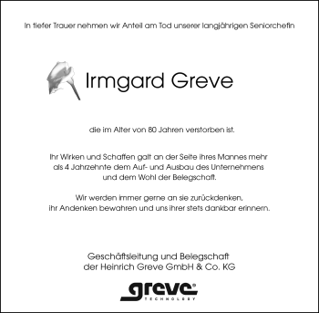 Traueranzeige von Irmgard Greve von Westfalen Blatt