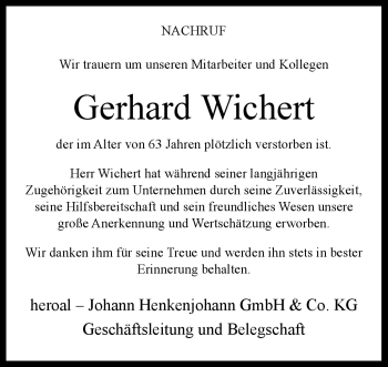 Traueranzeige von Gerhard Wichert von Westfalen Blatt