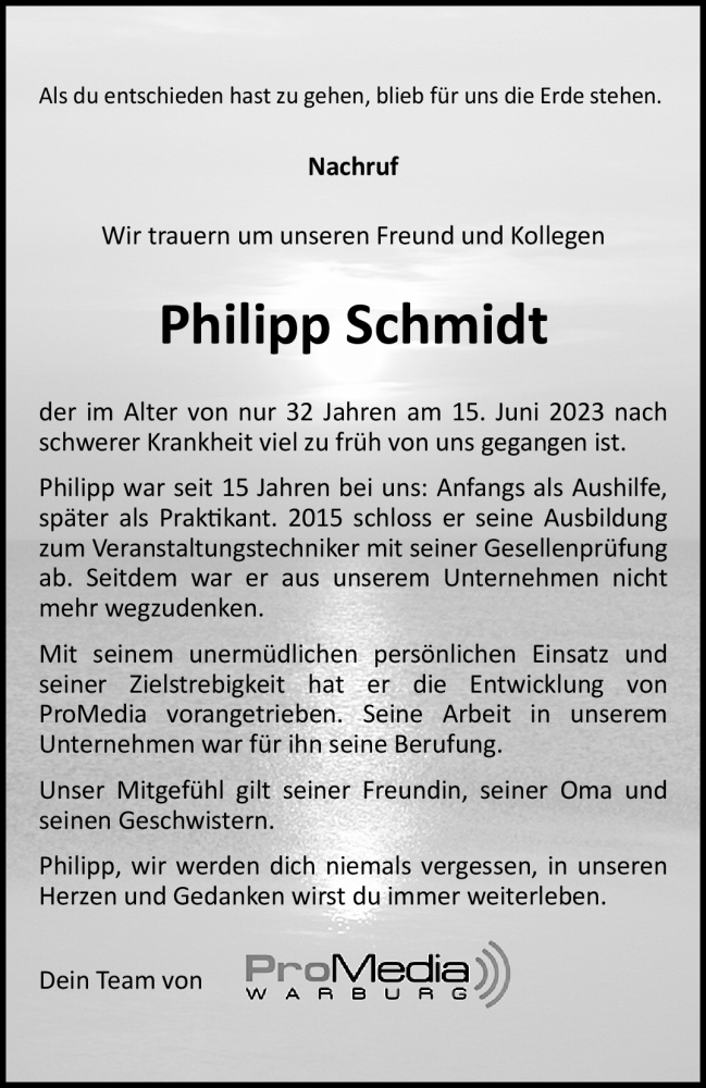  Traueranzeige für Philipp Schmidt vom 24.06.2023 aus Westfalen-Blatt