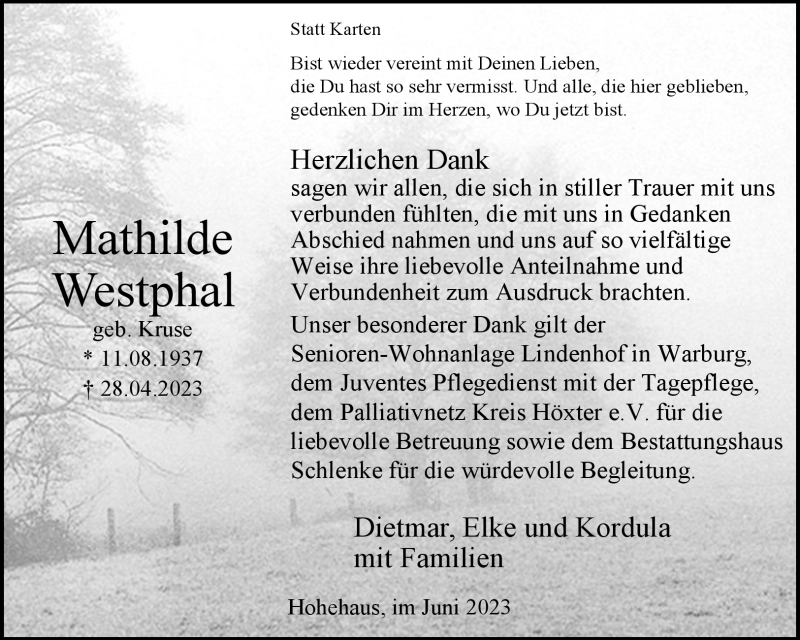  Traueranzeige für Mathilde Westphal vom 24.06.2023 aus Westfalen-Blatt