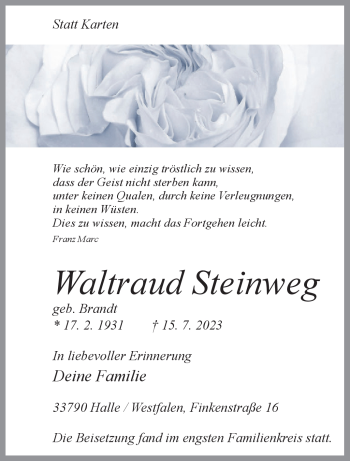 Traueranzeige von Waltraud Steinweg von Westfalen Blatt