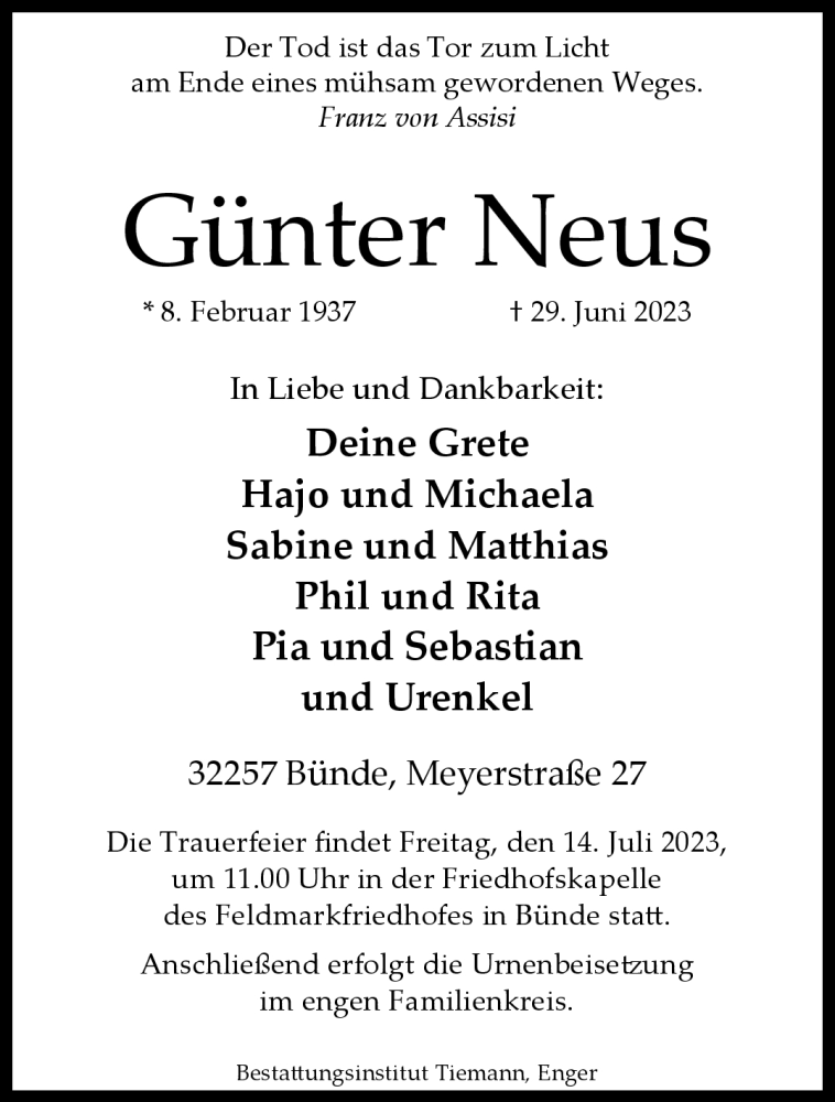  Traueranzeige für Günter Neus vom 08.07.2023 aus Westfalen Blatt