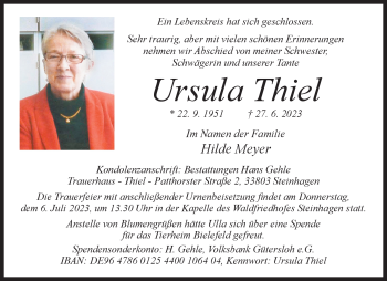 Traueranzeige von Ursula Thiel von Westfalen Blatt