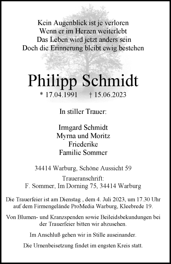  Traueranzeige für Philipp Schmidt vom 24.06.2023 aus Westfalen-Blatt