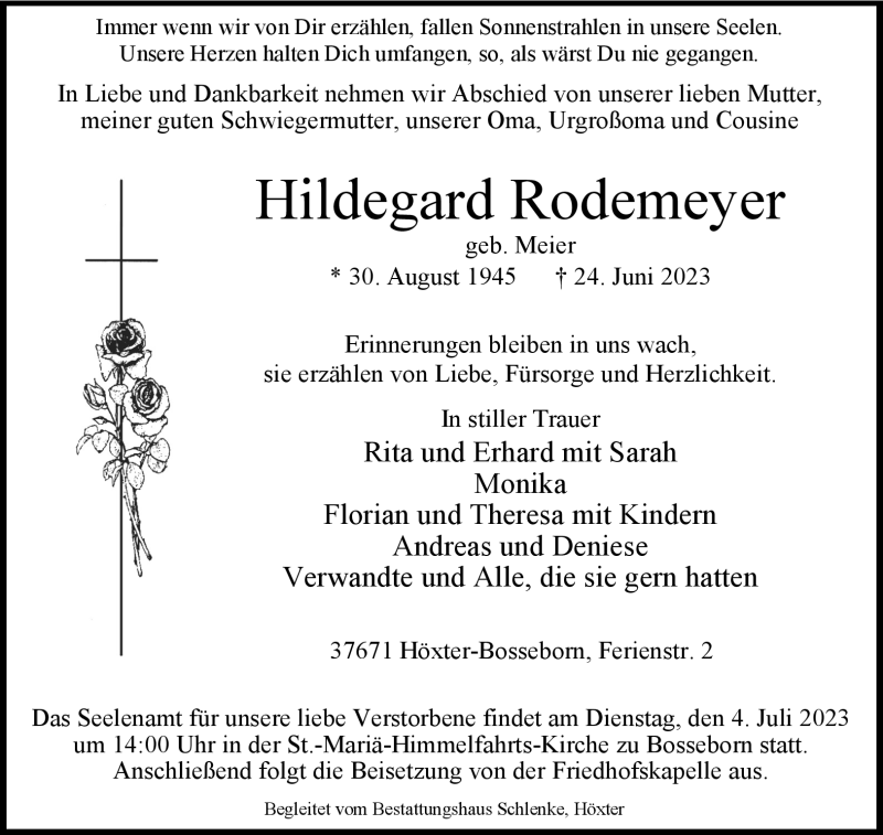 Traueranzeige für Hildegard Rodemeyer vom 01.07.2023 aus Westfalen Blatt