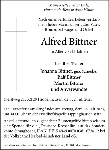 Traueranzeige von Alfred Bittner von Westfalen Blatt