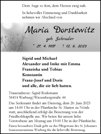Traueranzeige von Maria Dorstewitz von Westfalen-Blatt