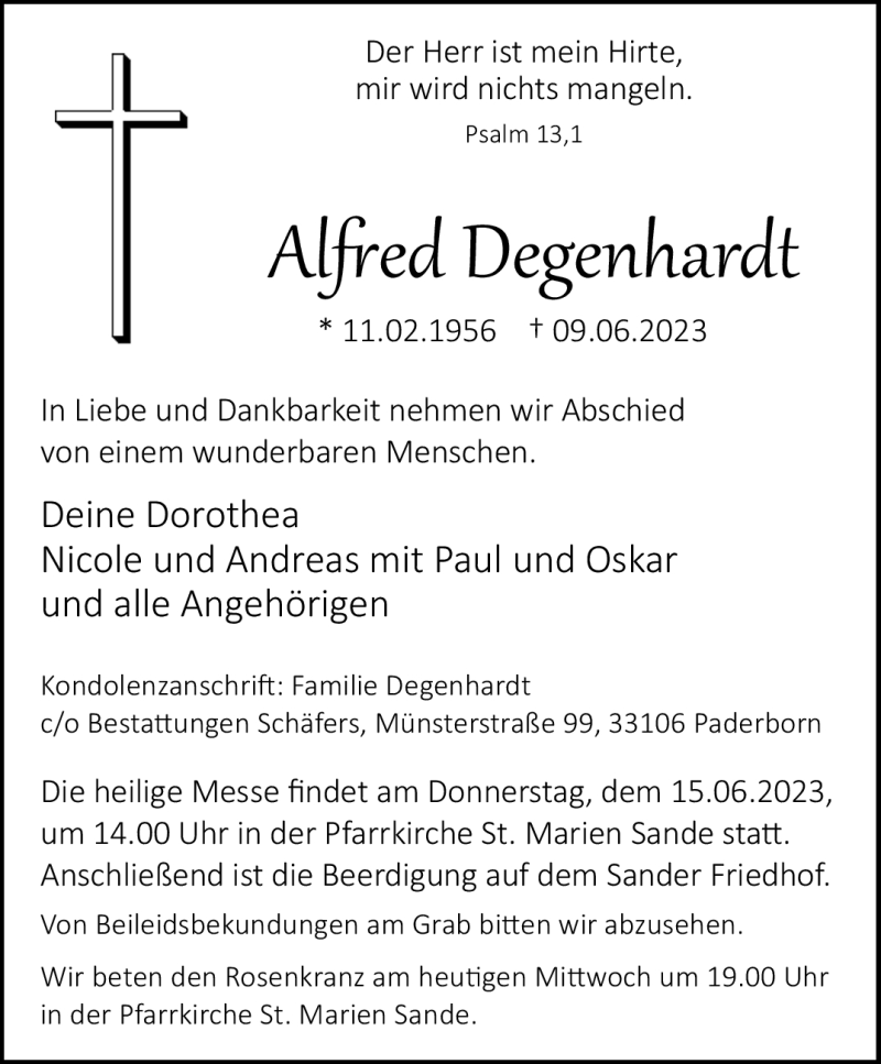  Traueranzeige für Alfred Degenhardt vom 14.06.2023 aus Bestattungen Schäfers