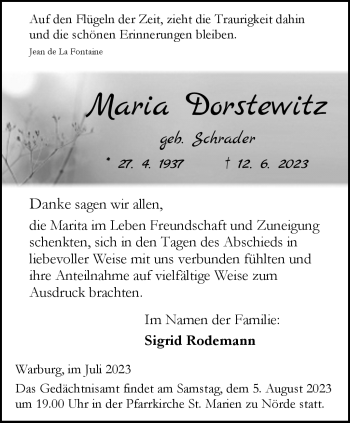 Traueranzeige von Maria Dorstewitz von Westfalen Blatt